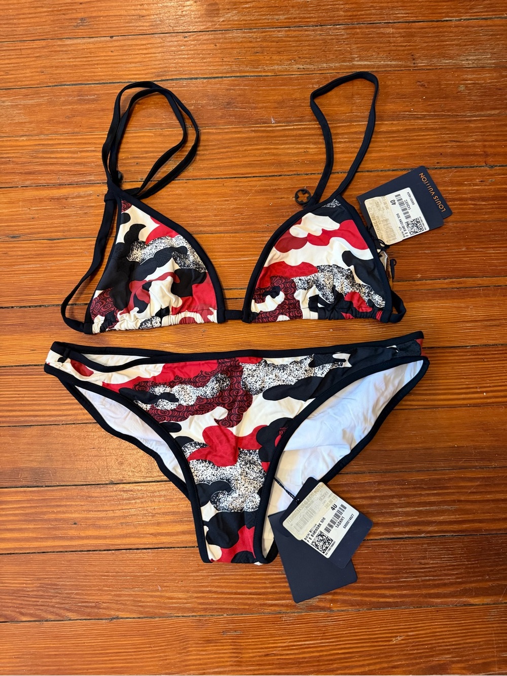 NWT Authentic Louis Vuitton Red, Black & White Print Triangle Bikini size 40